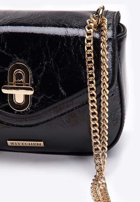 Women's glistening faux leather flap bag on chain, black, 97-4Y-754-G, Photo 5