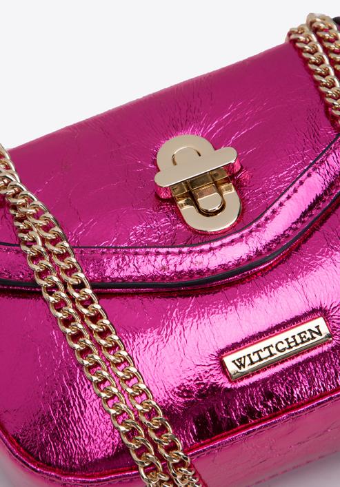 Women's glistening faux leather flap bag on chain, pink, 97-4Y-754-P, Photo 5