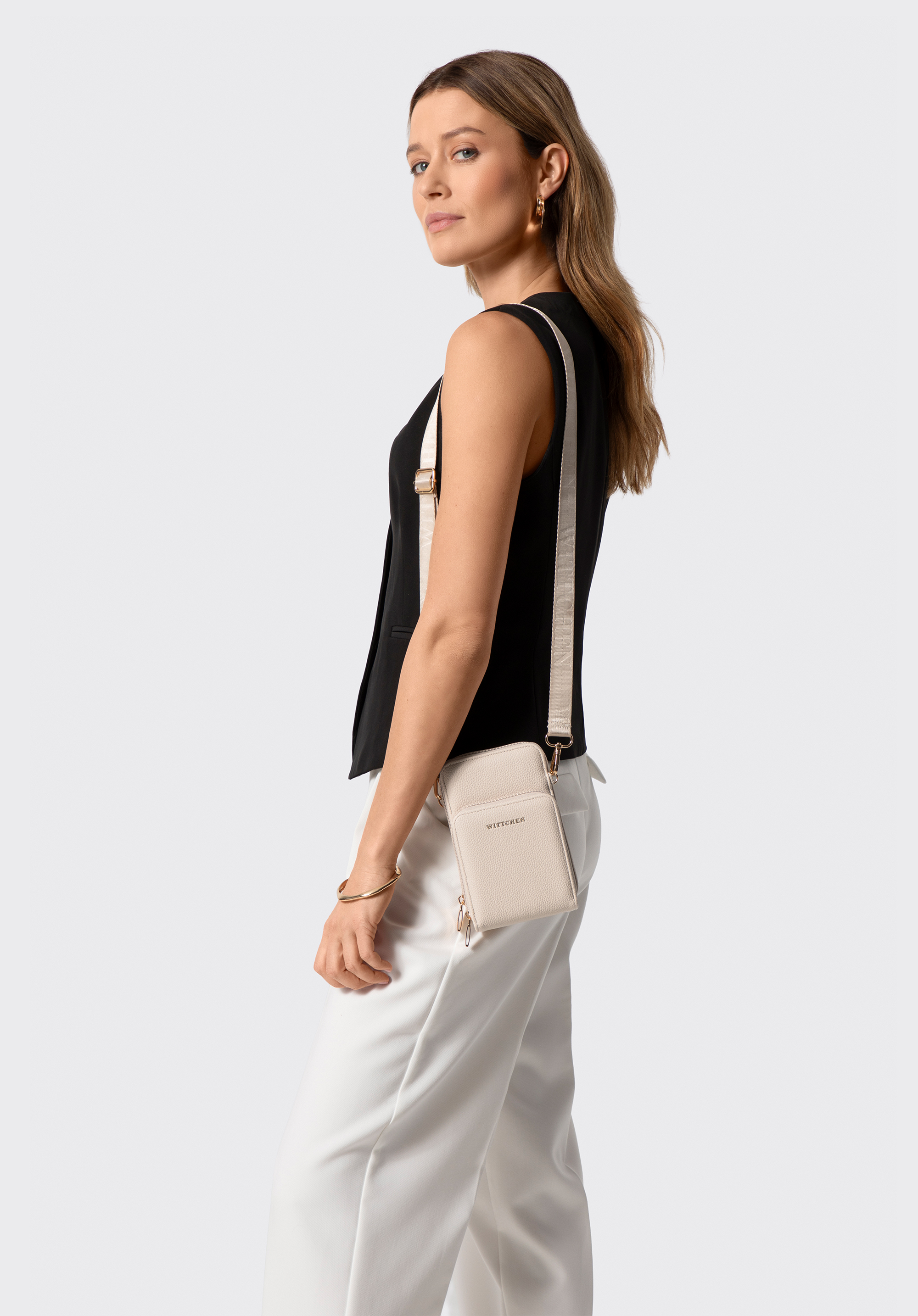 Damska minitorebka na telefon z imitacji skóry, kremowy, 102-2Y-413-0, Zdjęcie 1