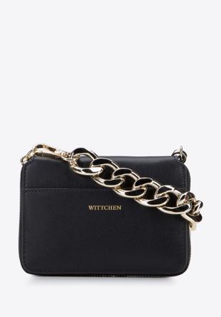 Leather clutch bag with thick chain shoulder strap, black, 95-2E-629-1, Photo 1