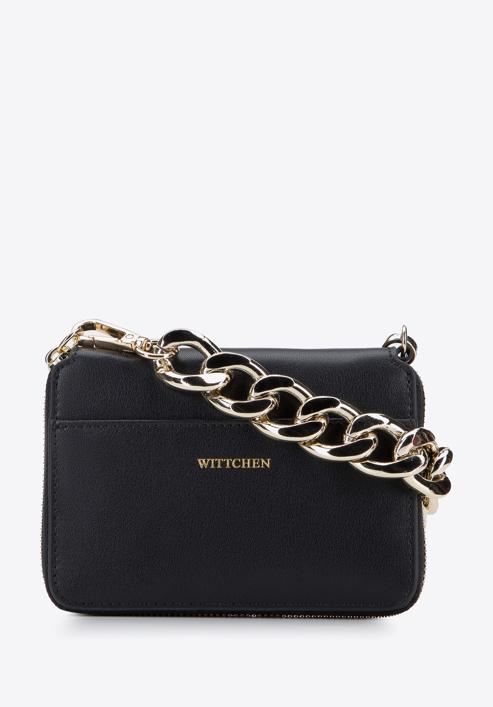 Leather clutch bag with thick chain shoulder strap, black, 95-2E-629-9, Photo 1