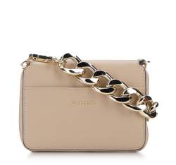 Leather clutch bag with thick chain shoulder strap, beige, 95-2E-629-9, Photo 1