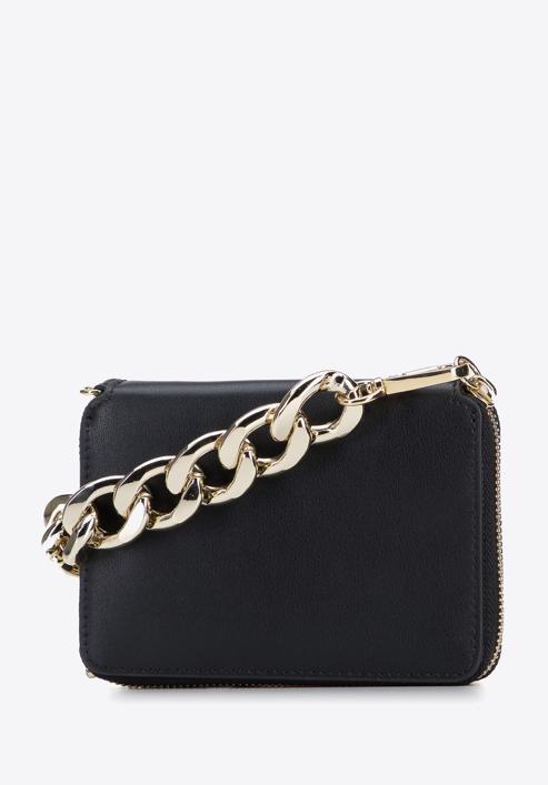 Leather clutch bag with thick chain shoulder strap, black, 95-2E-629-1, Photo 2
