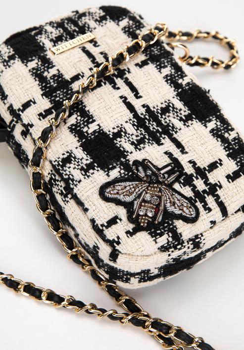 Women's boucle tweed mini handbag with crystal insect embellishment, beige-black, 98-2Y-207-1, Photo 4