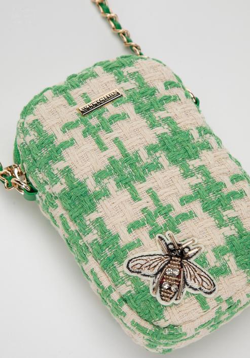 Damska minitorebka z tkaniny w kratę z błyszczącym owadem, beżowo-zielony, 98-2Y-207-Z, Zdjęcie 4