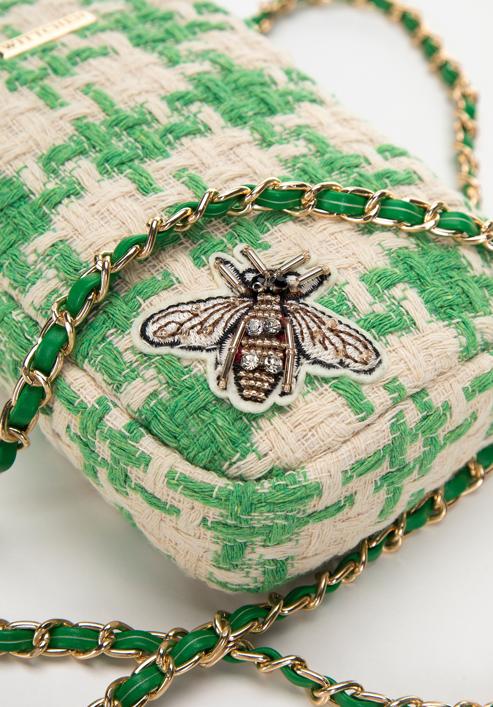 Damska minitorebka z tkaniny w kratę z błyszczącym owadem, beżowo-zielony, 98-2Y-207-P, Zdjęcie 5