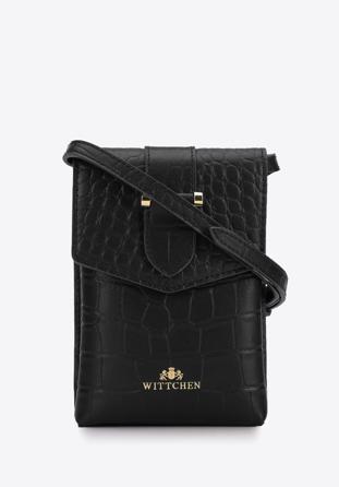 Women's leather croco mini purse, black, 95-2E-601-11, Photo 1