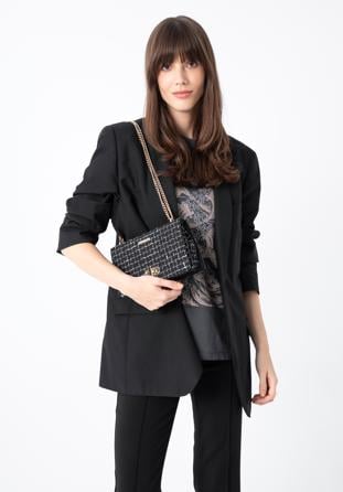 Plaid tweed boucle shoulder bag on chain shoulder strap, black-white, 97-4Y-753-1, Photo 1