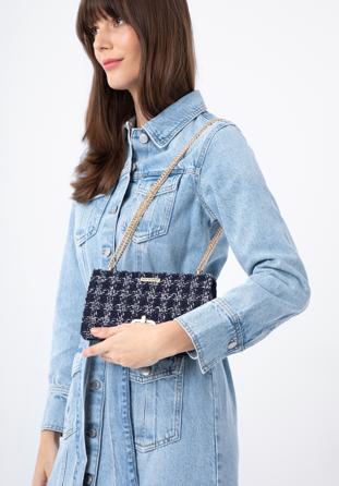 Plaid tweed boucle shoulder bag on chain shoulder strap, navy blue-white, 97-4Y-753-N, Photo 1
