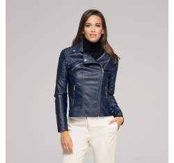 Women's faux leather biker jacket, navy blue, 91-9P-101-7-L, Photo 1
