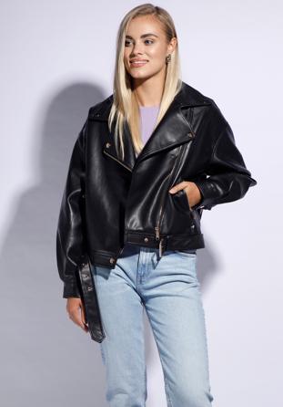 Women's oversize faux leather biker jacket, black, 95-9P-102-1G-L, Photo 1