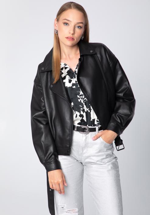 Women's oversize faux leather biker jacket, black, 97-9P-104-P-L, Photo 1