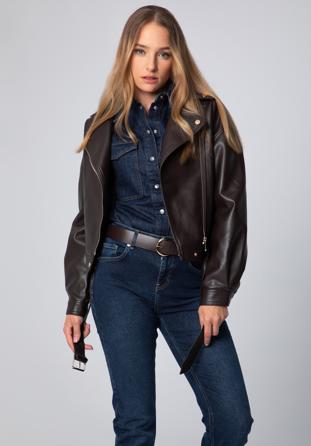 Women's oversize faux leather biker jacket, dark brown, 97-9P-104-4-L, Photo 1