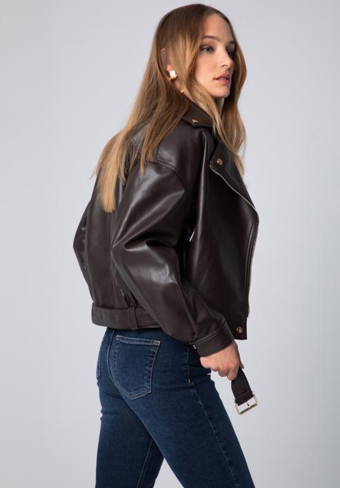 Women's oversize faux leather biker jacket, dark brown, 97-9P-104-P-L, Photo 2