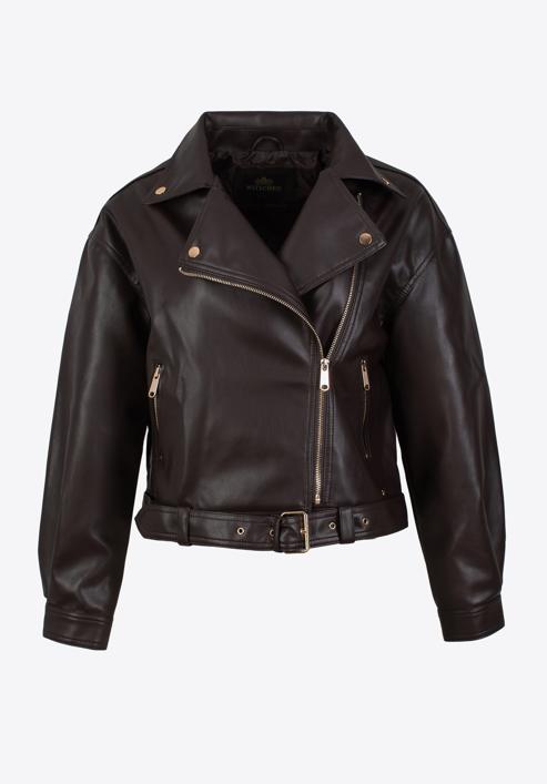 Women's oversize faux leather biker jacket, dark brown, 97-9P-104-P-L, Photo 20