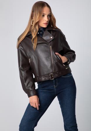 Women's oversize faux leather biker jacket, dark brown, 97-9P-104-4-L, Photo 1