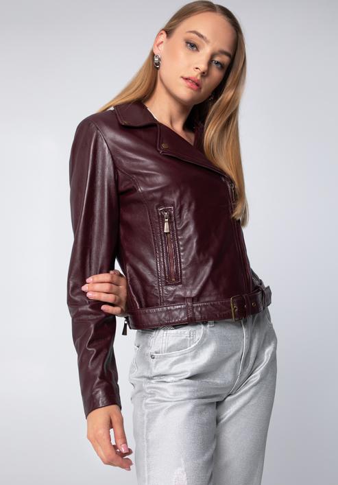 Women's leather biker jacket, burgundy, 97-09-805-Z-L, Photo 2