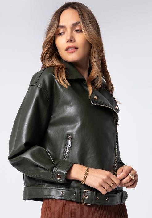 Women's oversize faux leather biker jacket, green, 97-9P-104-P-XL, Photo 2