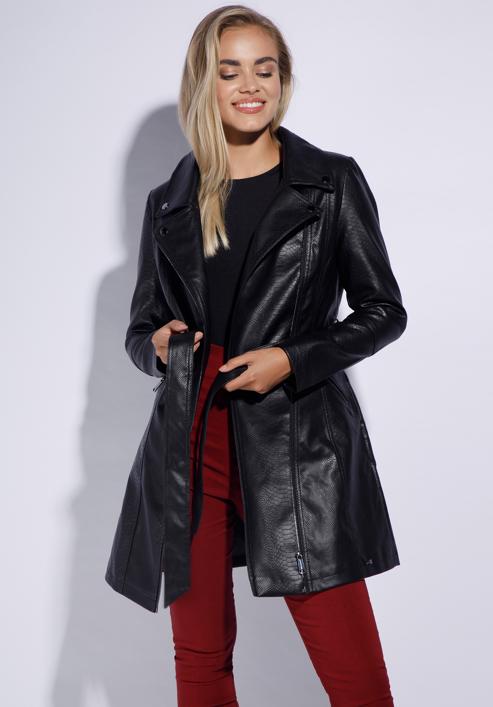 Women's long faux leather biker jacket, black-graphite, 95-9P-101-1-M, Photo 1