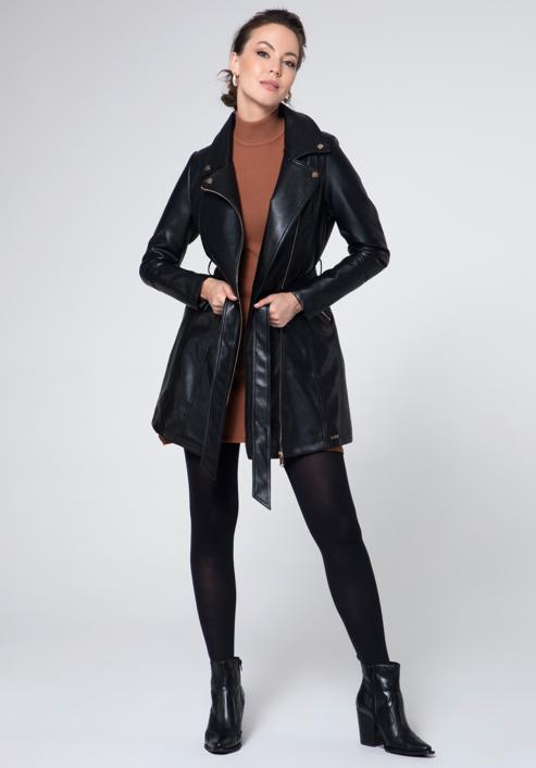 Women's long faux leather biker jacket, black, 95-9P-101-1-S, Photo 1