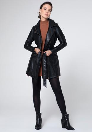 Women's long faux leather biker jacket, black, 95-9P-101-1P-XL, Photo 1