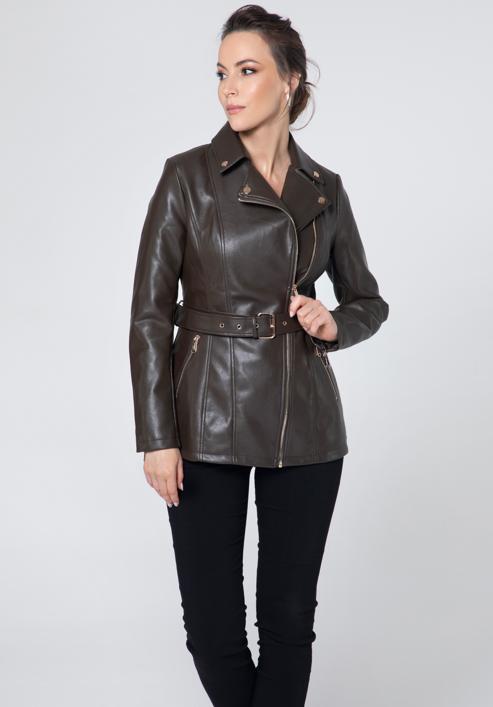 Women's faux leather biker jacket, dark brown, 95-9P-105-4-M, Photo 2