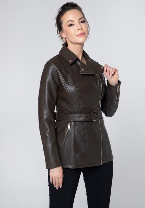 Women's faux leather biker jacket, dark brown, 95-9P-105-4-XL, Photo 4