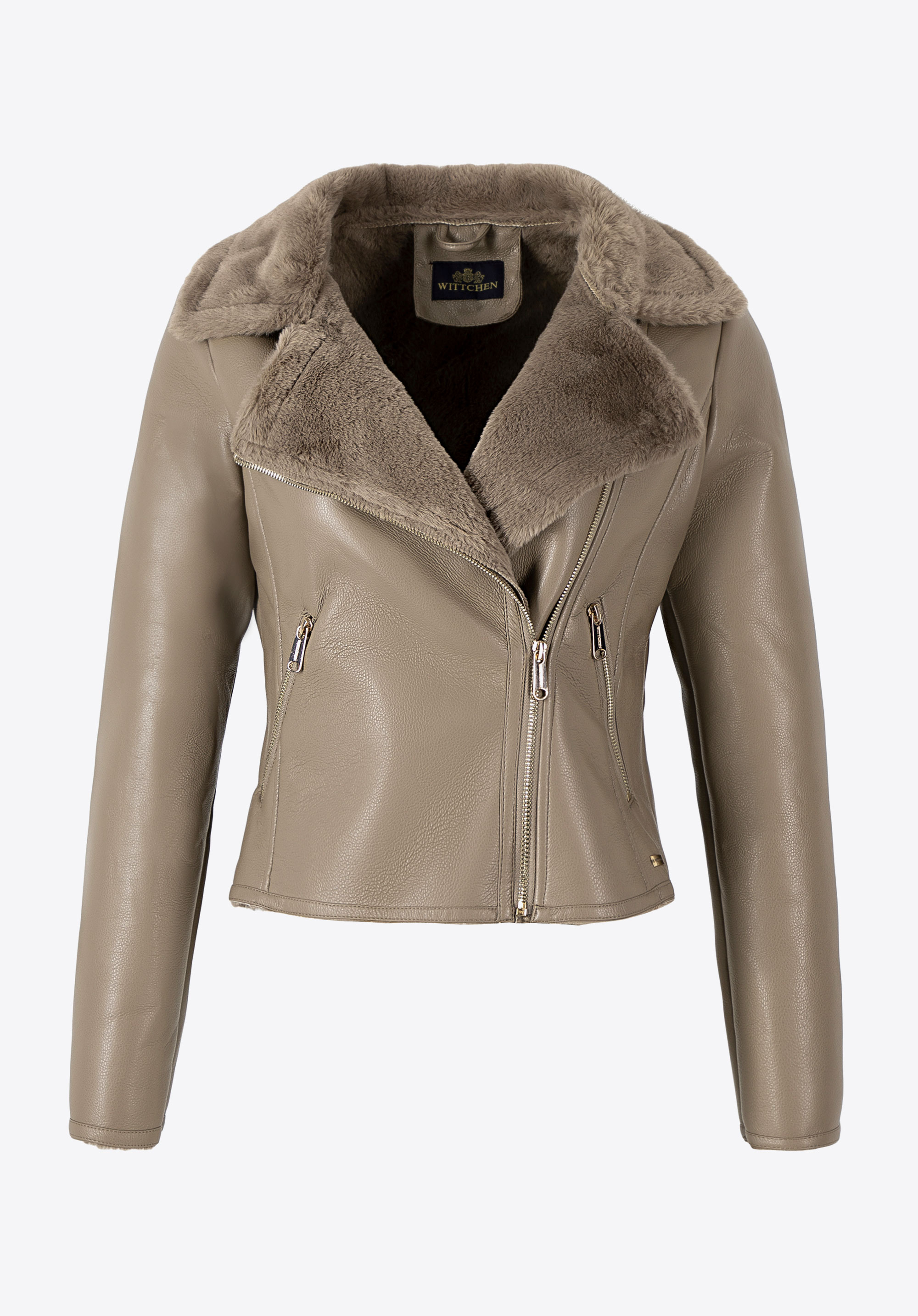 Women s beige faux leather biker jacket with fur trim I WITTCHEN