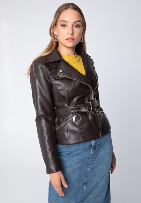 Women's faux leather biker jacket, dark brown, 97-9P-103-3-L, Photo 4
