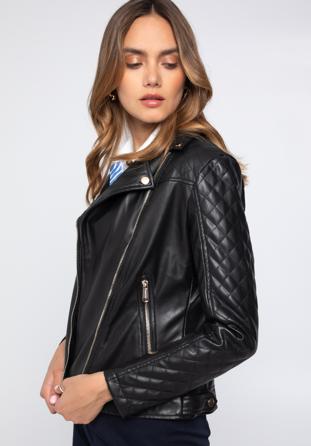 Women's faux leather biker jacket with quilted panel, black, 97-9P-102-1-L, Photo 1