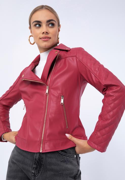 Women's faux leather biker jacket with quilted panel, pink, 97-9P-102-3-L, Photo 16