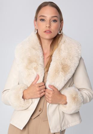 Women's faux leather jacket with faux fur detail, cream, 97-9P-107-0-XL, Photo 1