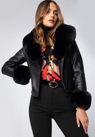 Women's faux leather jacket with faux fur detail, black, 97-9P-107-1-S, Photo 1