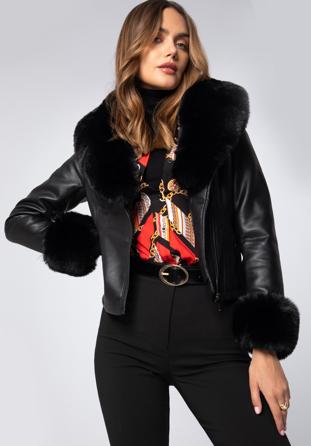 Women's faux leather jacket with faux fur detail, black, 97-9P-107-1-L, Photo 1