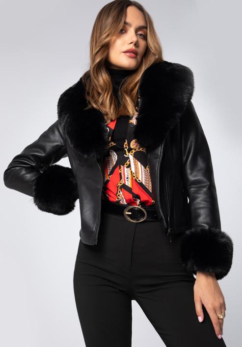 Women's faux leather jacket with faux fur detail, black, 97-9P-107-1-2XL, Photo 1