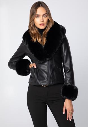 Women's faux leather jacket with faux fur detail, black, 97-9P-107-1-L, Photo 1
