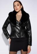 Women's biker jacket with faux fur collar, black, 95-9P-108-1-S, Photo 1