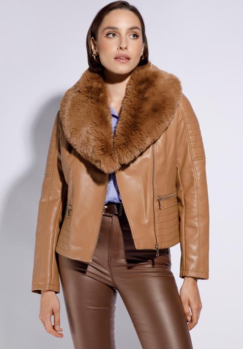 Women's biker jacket with faux fur collar, brown, 95-9P-108-1-S, Photo 1