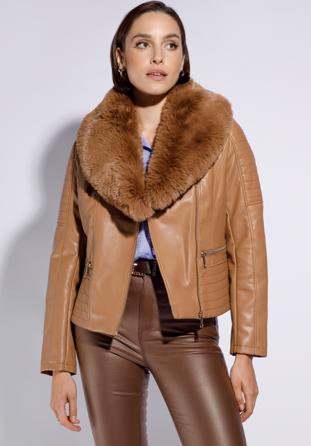 Women's biker jacket with faux fur collar, brown, 95-9P-108-5-XL, Photo 1