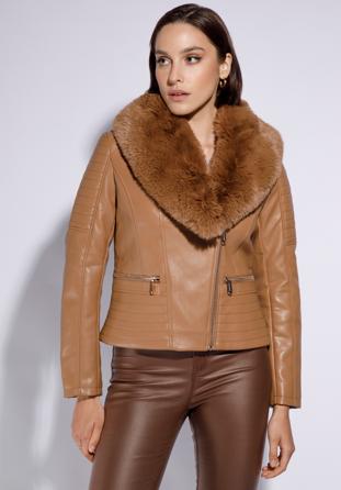 Women's biker jacket with faux fur collar, brown, 95-9P-108-5-S, Photo 1