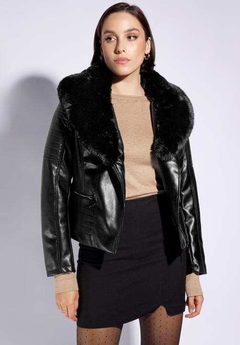 Women's biker jacket with faux fur collar, black, 95-9P-108-1-M, Photo 3