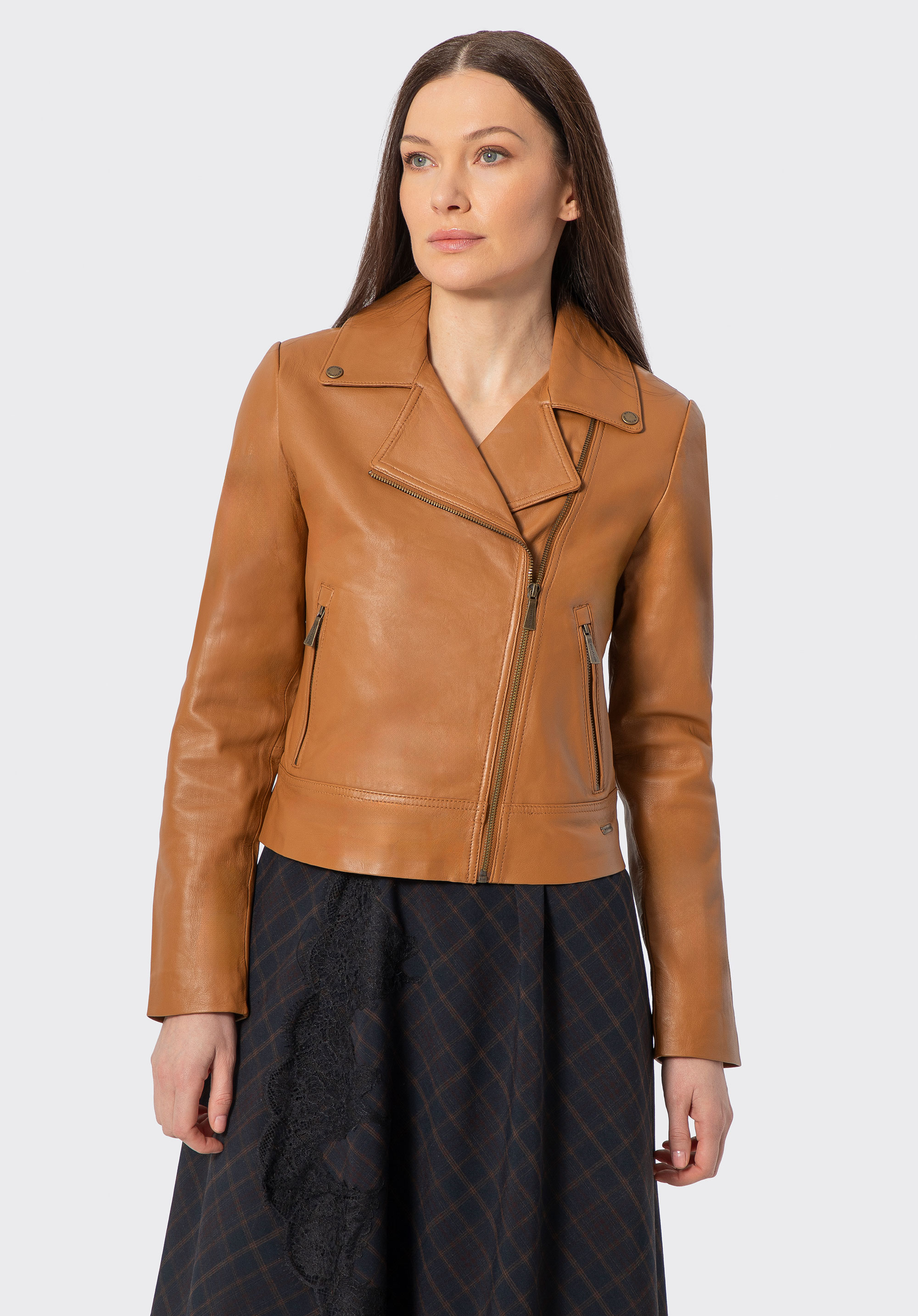 Damska ramoneska ze skóry naturalnej, karmelowy, 100-09-804-5-2XL, Zdjęcie 1