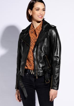 Women's leather belted biker jacket