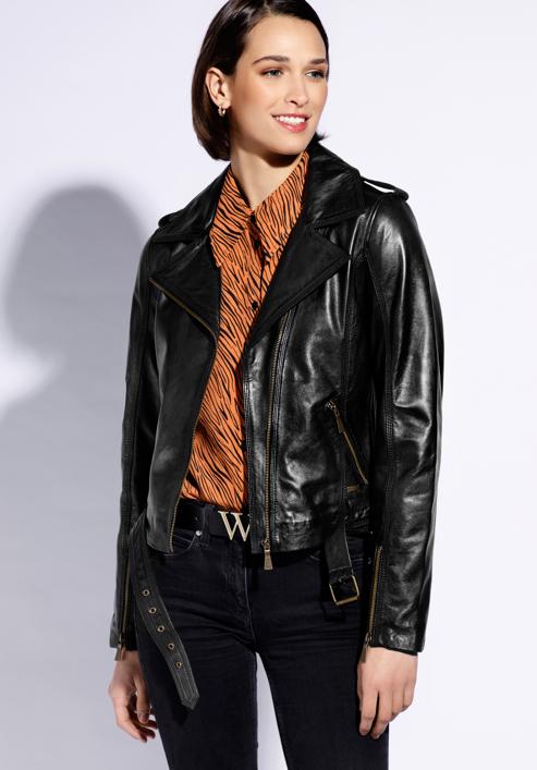 Women's leather belted biker jacket, black, 96-09-801-5-XL, Photo 1