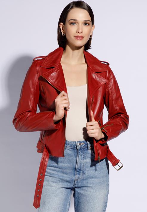 Women's leather belted biker jacket, red, 96-09-801-3-XL, Photo 1