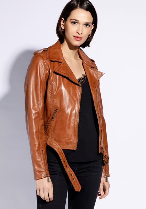 Women's leather belted biker jacket, brown, 96-09-801-3-XL, Photo 1