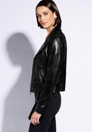 Women's leather belted biker jacket