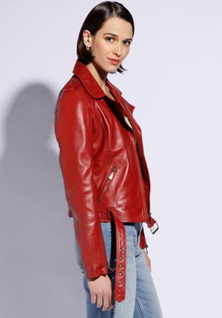 Women's leather belted biker jacket, red, 96-09-801-3-L, Photo 1
