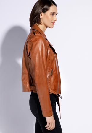 Women's leather belted biker jacket, brown, 96-09-801-5-XL, Photo 1