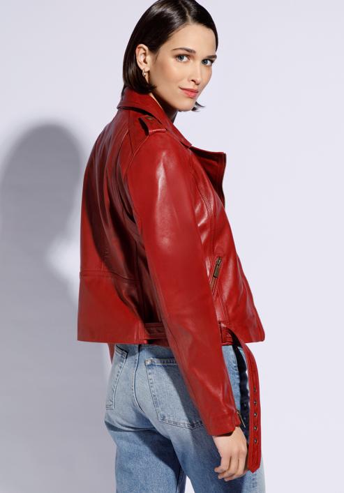 Women's leather belted biker jacket, red, 96-09-801-1-M, Photo 3